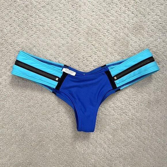 Beach Bunny Bronze Blue Bikini Bottoms Zipper Detail Women’s Size Large - Picture 1 of 7